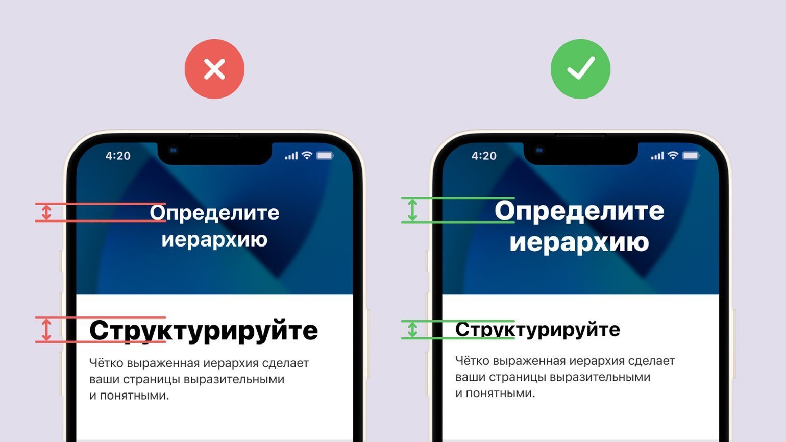Экраны телефонов с разными отступами. Слева иерархия нарушена, а справа — нет.